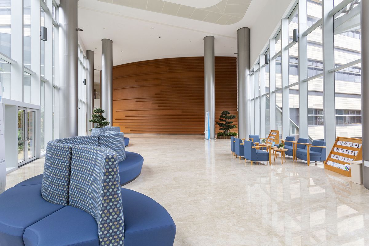 Calm, light-filled hospital lounge for international patients