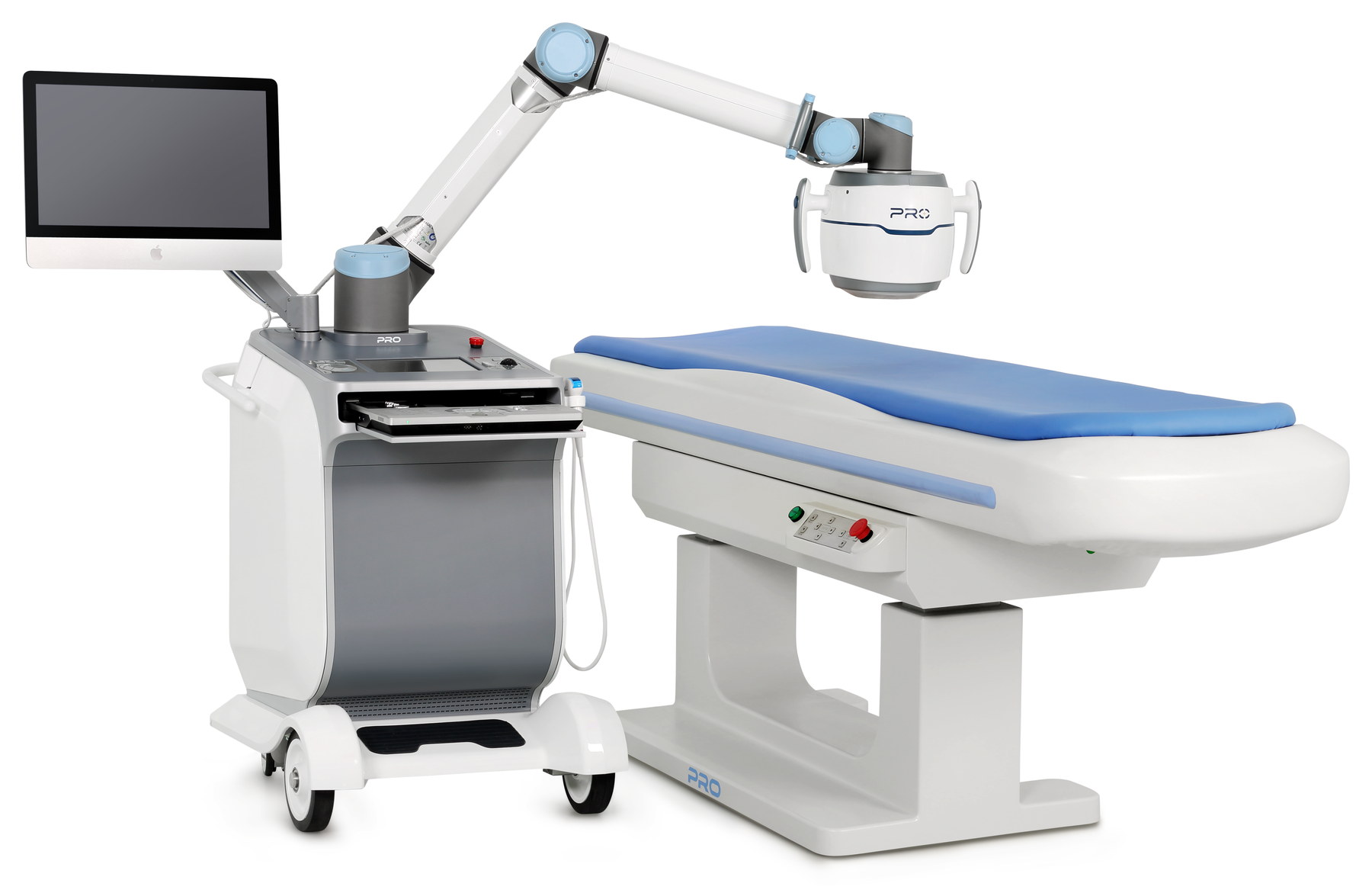 HIFU treatment system image showing a positioning arm, ultrasound head and treatment couch.