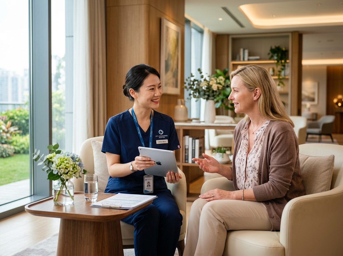Illustration of a care coordinator welcoming an international patient